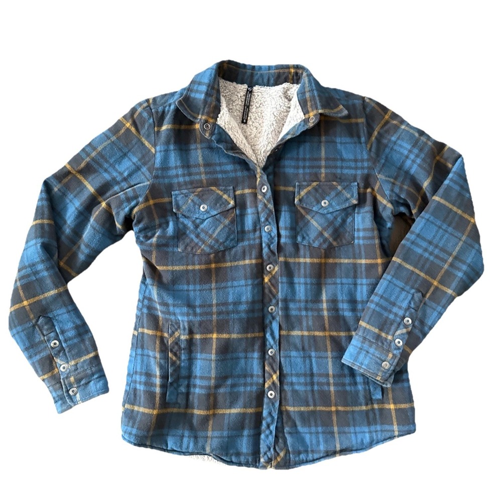 Kuhl Kota Fleece Lined Flannel Jacket Women Small Blue Plaid Shacket Snap Up